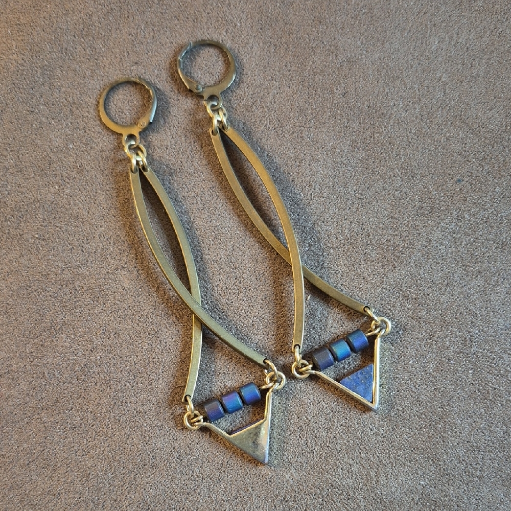 Artisan‑Style Geometric Brass Earrings – Blue Bead Detail, Boutique Purchase